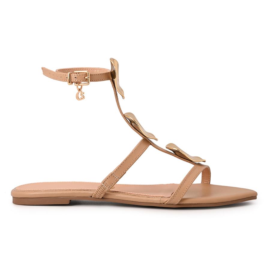 Beige Camel Flat Sandal with Thin Straps and Metal Details