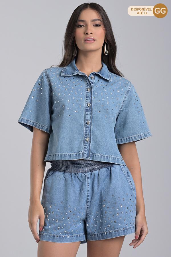 CROPPED DENIM SHIRT WITH CRYSTALS