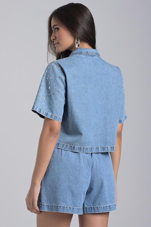 CROPPED DENIM SHIRT WITH CRYSTALS