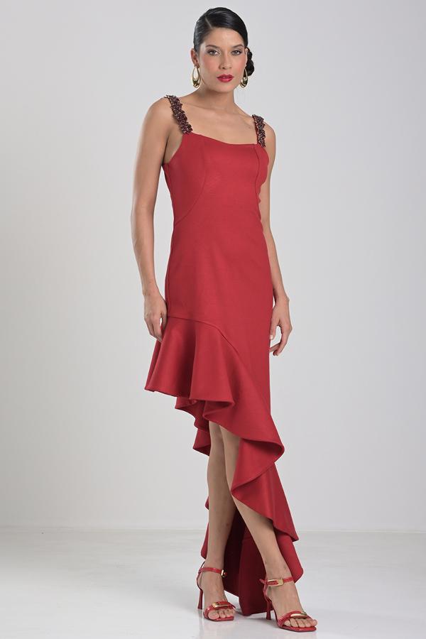 ASYMMETRICAL DRESS WITH CASCADE RUFFLE