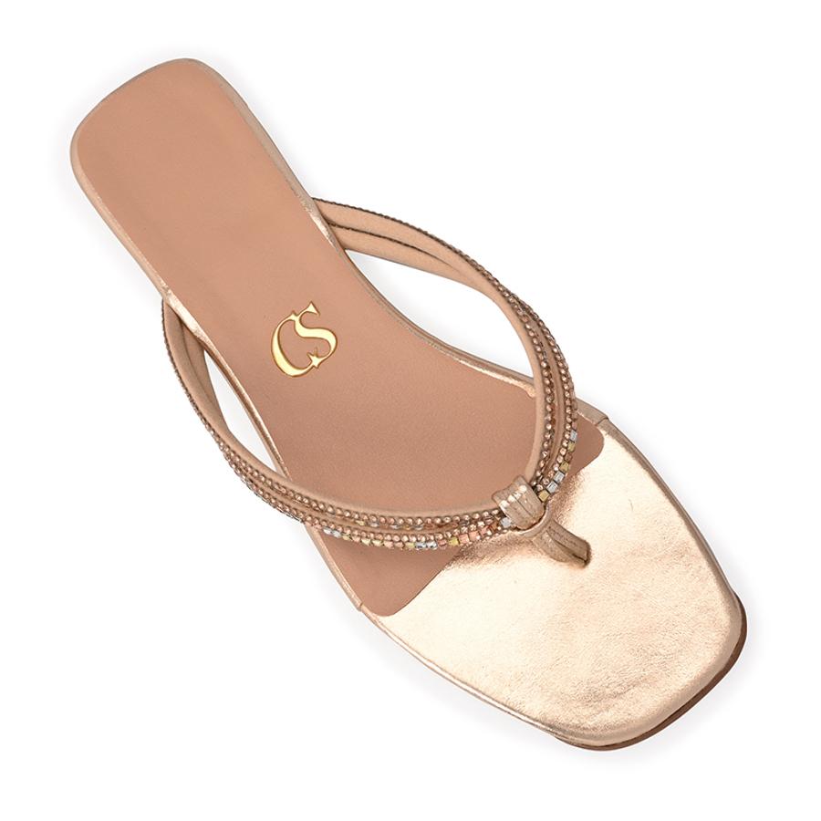 Golden Flat Sandals with Crystal Straps