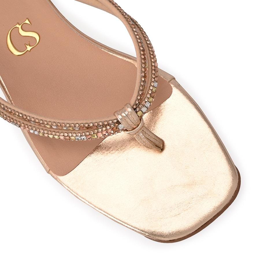 Golden Flat Sandals with Crystal Straps