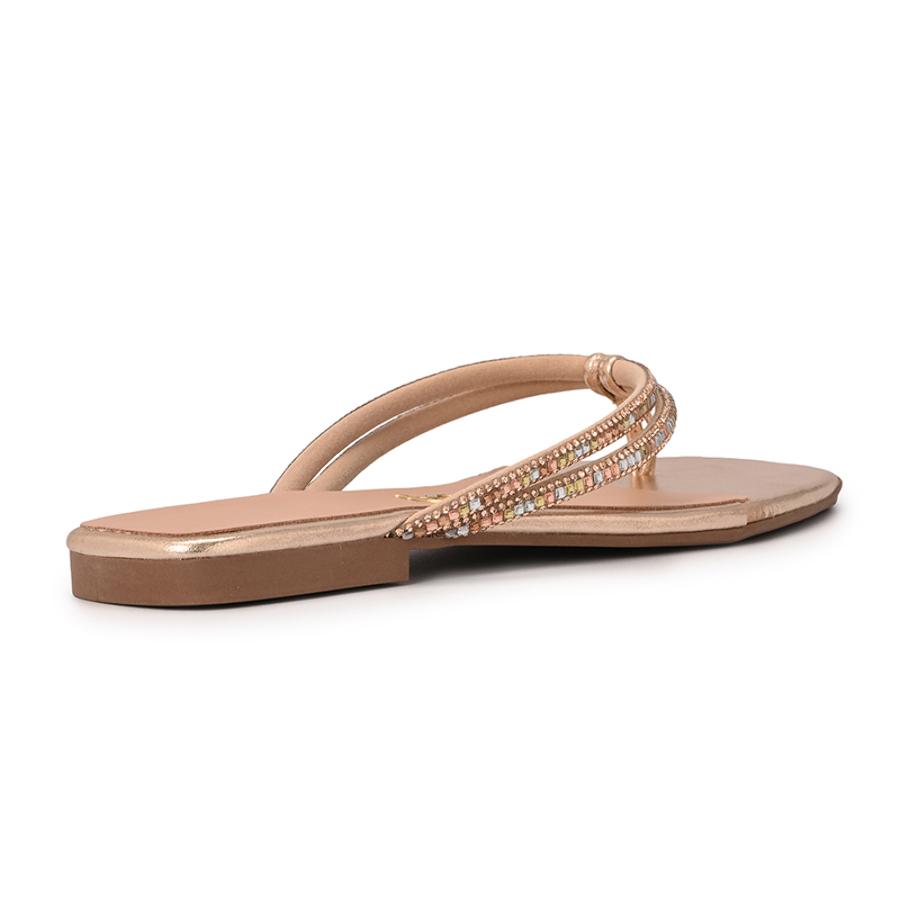 Golden Flat Sandals with Crystal Straps