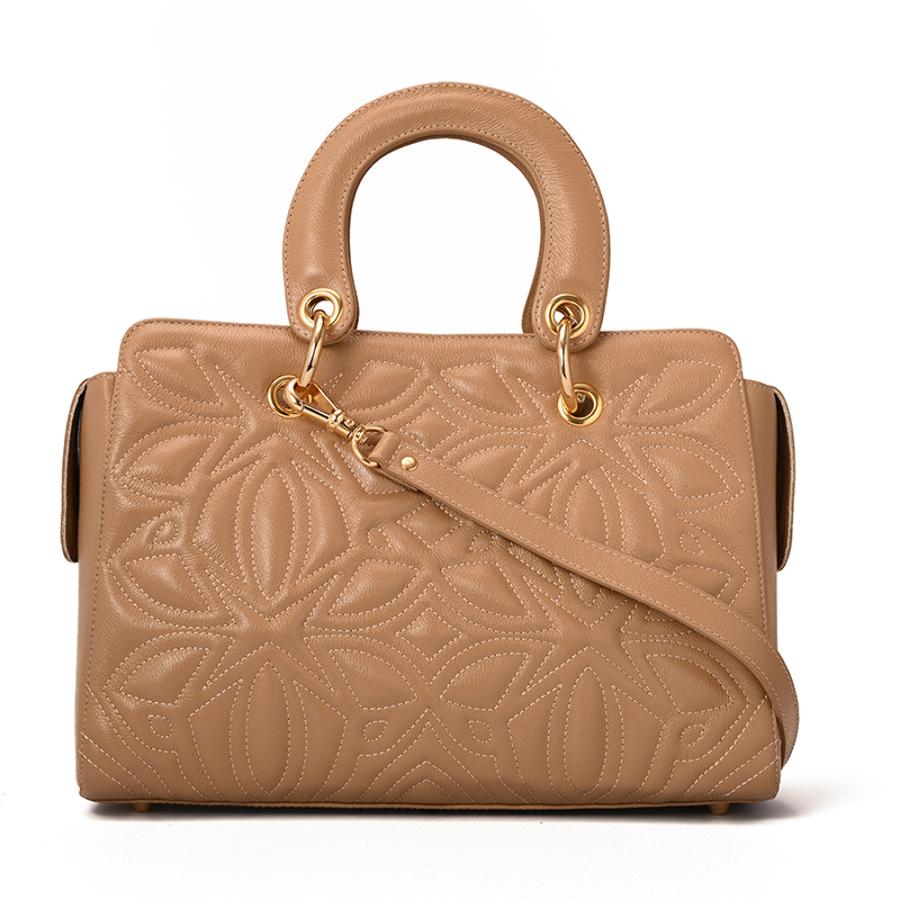 Beige Camel Leather Bag with Quilting