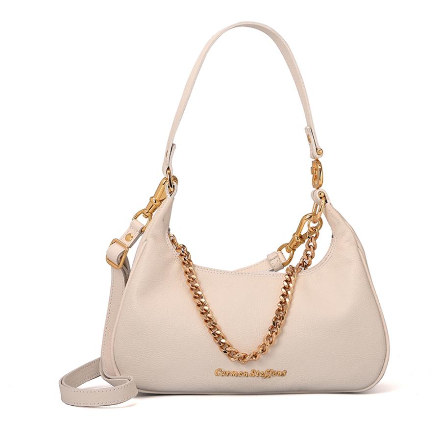 White Bianco Half-Moon Leather Bag with Chain
