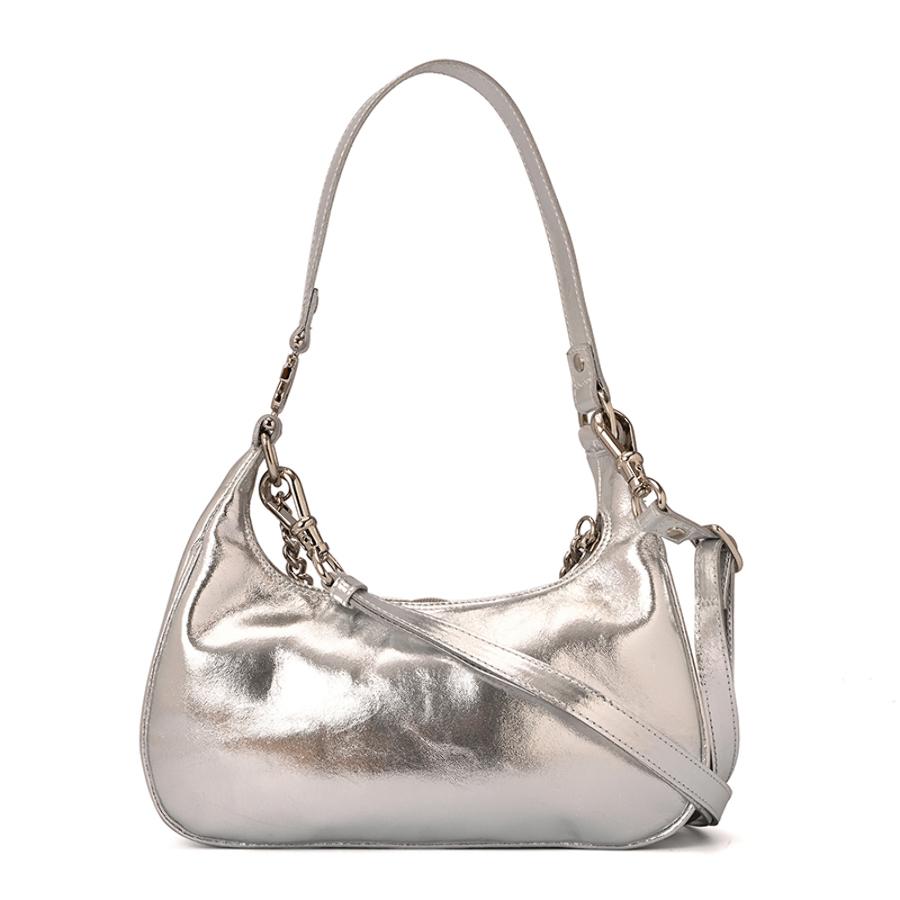 Half-Moon Silver Leather Bag with Chain