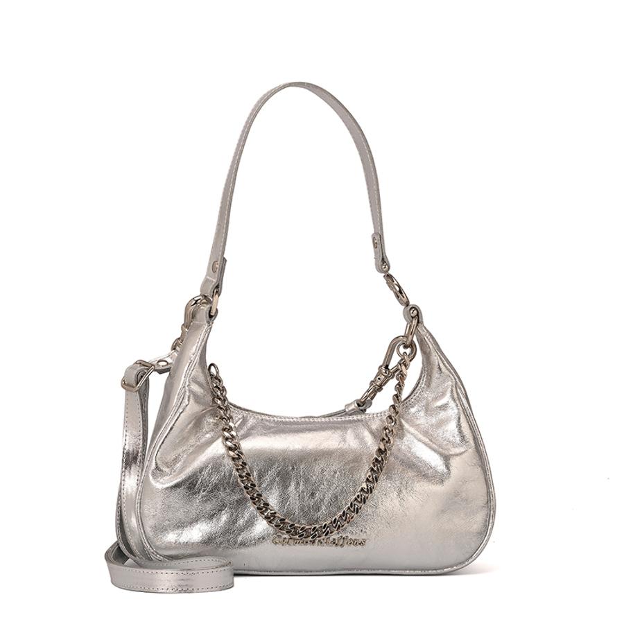 Half-Moon Silver Leather Bag with Chain