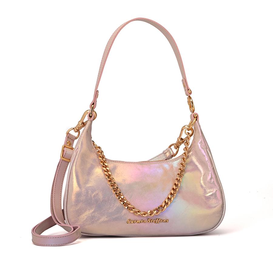 Iridescent Leather Half-Moon Bag with Chain