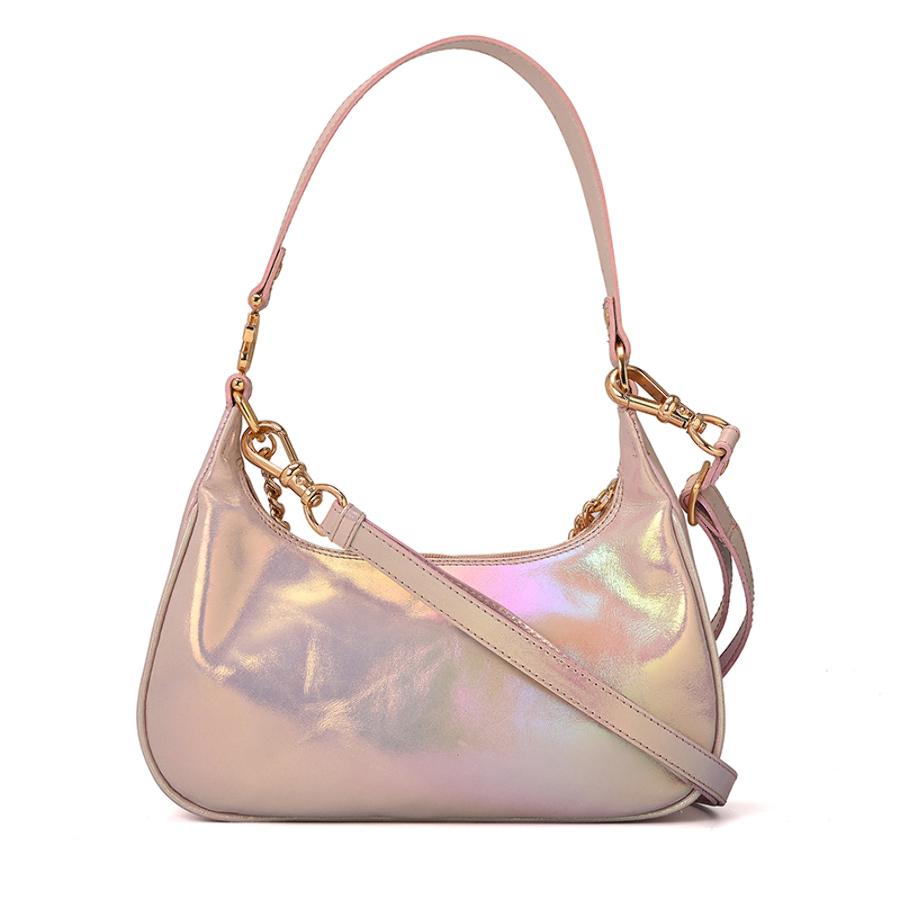 Iridescent Leather Half-Moon Bag with Chain
