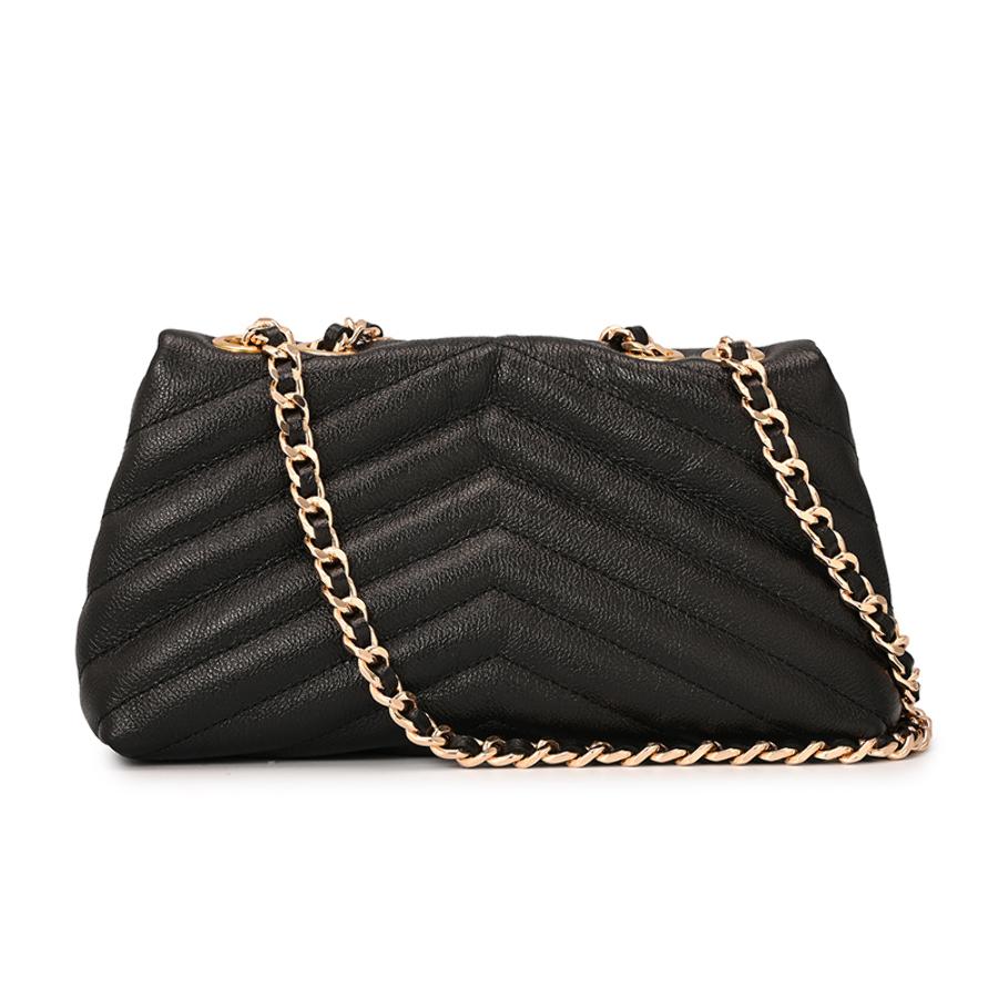 Black Quilted Leather Bag with Metal Application