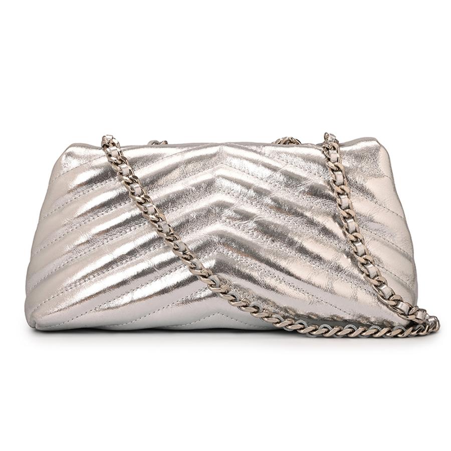 Quilted Silver Leather Bag with Metal Application
