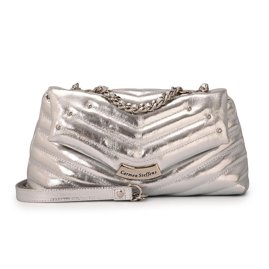 Quilted Silver Leather Bag with Metal Application