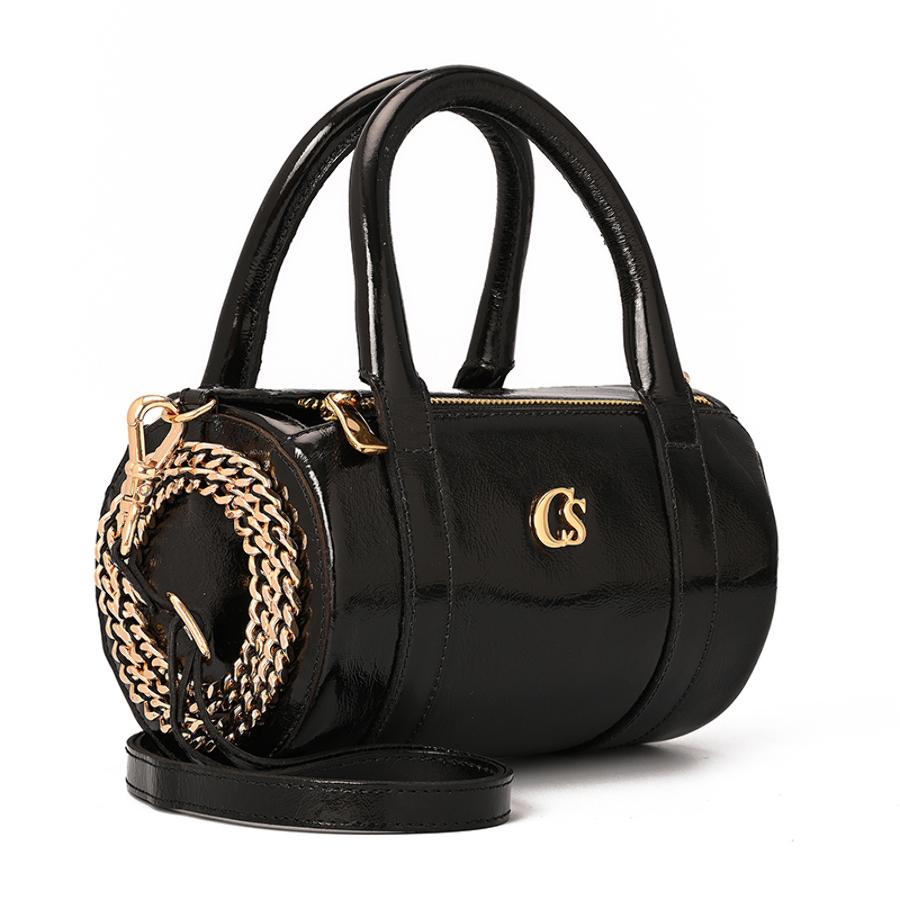 Cylindrical Black Leather Bag
