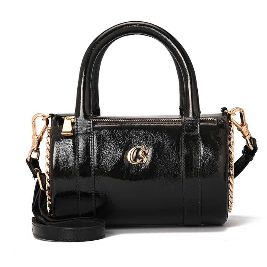 Cylindrical Black Leather Bag